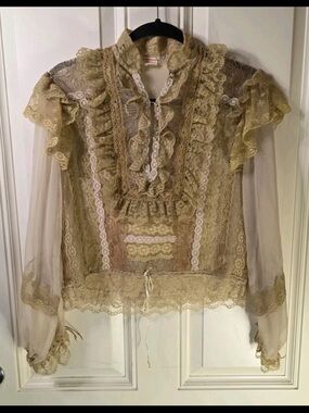 Vintage Rare 80's Lorrie Kabala Lace Victorian Praire Blouse Sheer Ruffle Top M